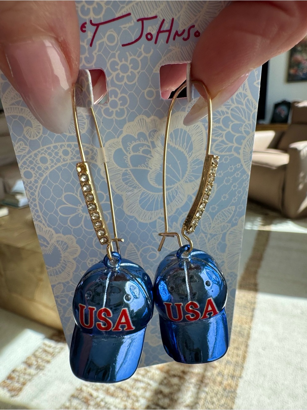Betsey Johnson Blue USA Baseball Cap Drop Earrings
